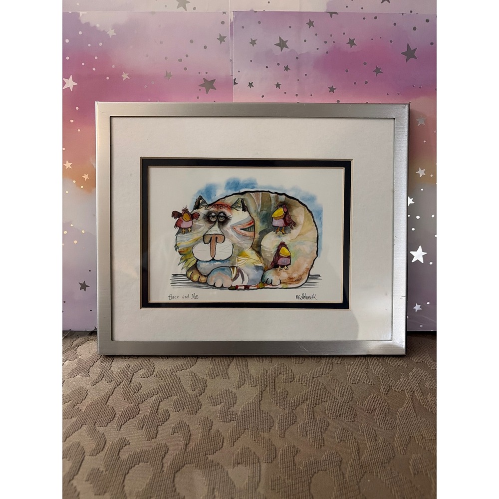 Don Nedobeck Three and Me Cat and Birds Art Print Framed Whimsical Folk Art